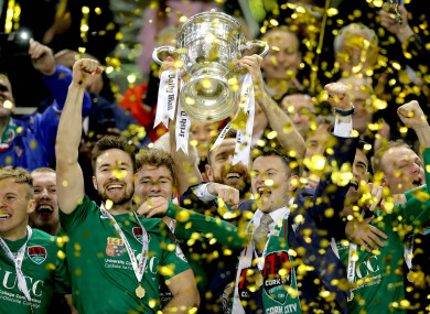 Cork City's Alan Bennett lifts the FAI Cup after defeating Dundalk in last season's final at Lansdowne Road.