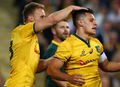 Australia's Matt Toomua celebrates a try against South Africa