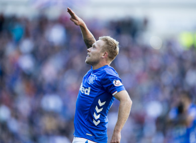 Rangers Scott Arfield salutes the Rangers fans after scoring the third goal.