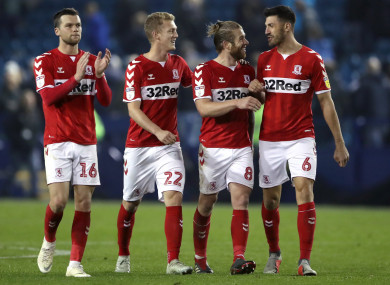 Middlesbrough's (from left to right) Jonathan Howson, George Saville, Adam Clayton and Danny Batth celebrate victory.