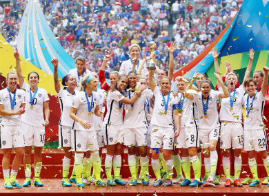 USA lift the World Cup trophy in 2015 after beating Japan in the final in Vancouver.