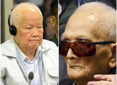 Khieu Samphan (L) and Nuon Chea (R) before a hearing at the U.N.-backed war crimes tribunal in Phnom Penh.