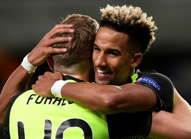 Celtic goalscorer Scott Sinclair celebrates with James Forrest