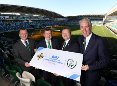 (Left to right): IFA CEO Patrick Nelson, FAI president Donal Conway, IFA president David Martin and FAI CEO John Delaney at Windsor Park.