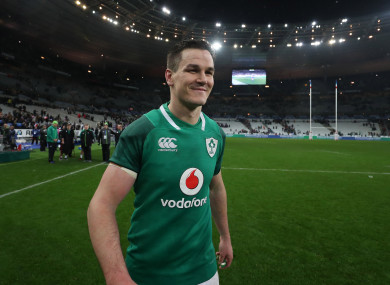 Ireland's Jonathan Sexton celebrates winning against France.