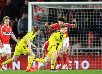 Burton Albion's Jake Hesketh (right) celebrates scoring.