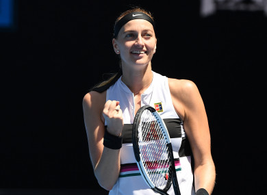 Petra Kvitova celebrates her win at today's Australian Open.