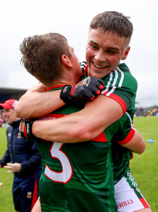 Colm Moran celebrates with Brian O'Malley at the final whistle after winning the EirGrid Connacht GAA U20 Championship Final at Dr. Hyde Park.