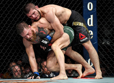 Lightweight champion Khabib Nurmagomedov en route to victory against Conor McGregor at UFC 229.