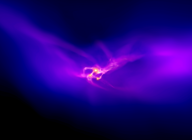Zoom of the inner 30 light-years of the dark matter halo. The rotating gaseous disk breaks apart into three clumps that collapse under their own gravity to form supermassive stars.