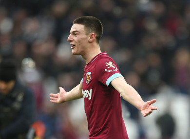 Declan Rice celebrates his first senior goal for West Ham.