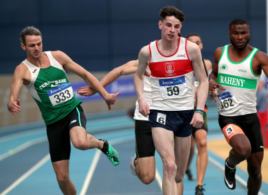 Cillin Greene of Galway City Harriers AC, leads the mens 400m as Thomas Barr of Ferrybank A.C, tussles with Andrew Mellon of Crusaders AC and Brendan Arrey of Raheny Shamrock AC in the men's 400m.