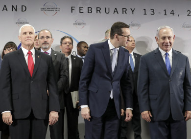 Left to right: United States Vice President Mike Pence, Mateusz Morawiecki, and Benjamin Netanyahu during