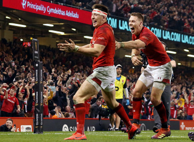 Josh Adams celebrates after touching down at the death against England.
