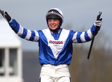 Bryony Frost celebrates victory in the Ryanair Chase aboard Frodon.