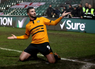 Padraig Amond celebrating a goal for Newport County.