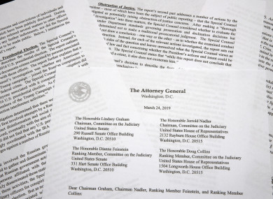 A copy of a letter from Attorney General William Barr advising Congress of the findings of the Mueller probe.