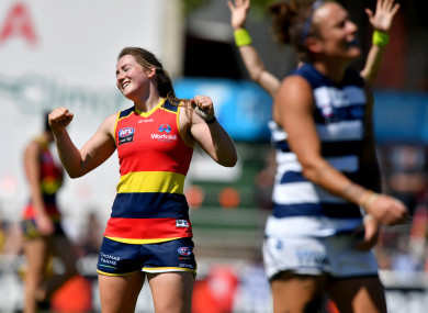 Ailish Considine of the Adelaide Crows reacts on the final siren following the Round 3 AFLW match between the Crows and the Geelong Cats in February.