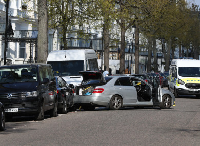 The scene near the Ukrainian Embassy in Holland Park, west London after police fired shots after the ambassador's car was