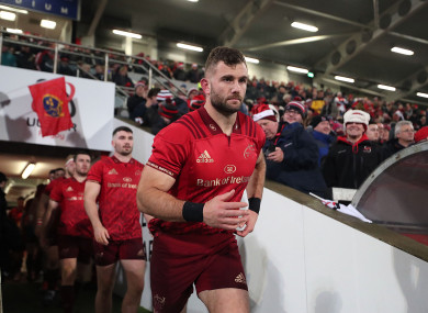Taute leads Munster out at Kingspan Stadium in December.