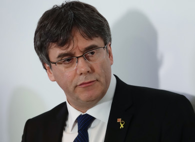 The former regional president of Catalonia, Carles Puigdemont, gives a press conference in February.