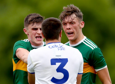 Kerry's Seán O'Shea and David Clifford come into contact with Drew Wylie of Monaghan during last year's championship.
