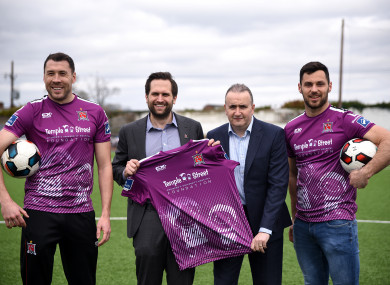 Dundalk captain Brian Gartland, chairman Mike Treacy, Fyffes managing director Gerry Cunningham and striker Patrick Hoban with their third jersey, which is sponsored by Temple Street Children's Hospital.