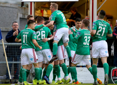 Conor McCormack leads the celebrations after Karl Sheppard's opening goal for Cork City against UCD.