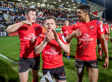 Lowry, centre, celebrates the win over Racing 92 in January with Baloucoune, right, and Jacob Stockdale, left.