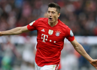 The Poland international celebrates his first goal in the DFB-Pokal final.