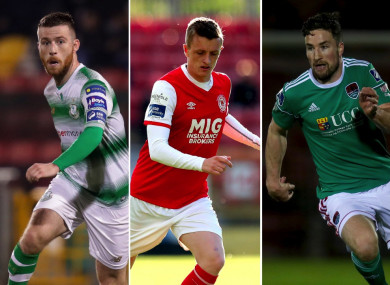 Jack Byrne of Shamrock Rovers, St Patrick's Athletic's Chris Forrester and Gearoid Morrissey of Cork City.