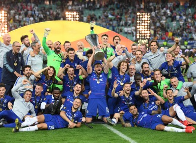 Chelsea players celebrate winning the Europa League in Baku, Azerbaijan.