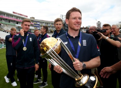 Morgan with the World Cup trophy.