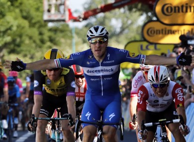 Viviani celebrates his stage four win.
