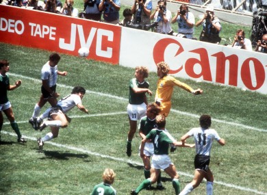 Brown scoring a header against Germany in the '86 World Cup final.
