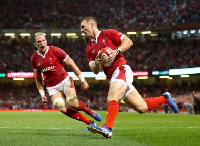 George North scores against England in Cardiff.