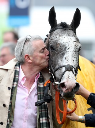 Owner Michael O'Leary celebrates Farclas winning the JCB Triumph Hurdle at the 2018 Cheltenham Festival.