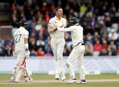 Josh Hazlewood celebrates takiing the wicket of England's Rory Burns during day three of the fourth Ashes Test.