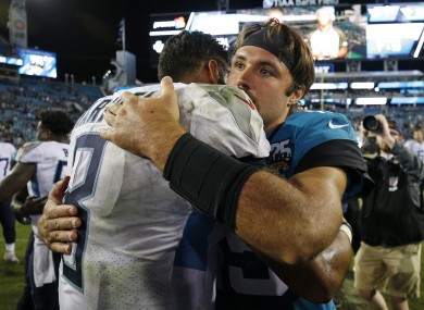 Jacksonville Jaguars quarterback Gardner Minshew greet each other after last night's game.