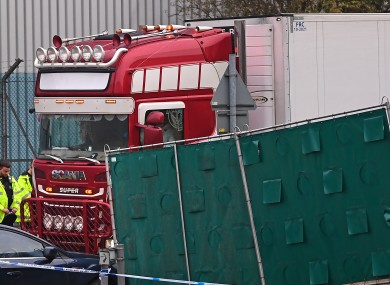 The container lorry where 39 people were found dead inside leaves Waterglade Industrial Park in Grays, Essex.