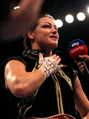 An emotional Katie Taylor reacts to the wall of noise from the Manchester crowd which greets her during her post-fight interview on Sky Sports.