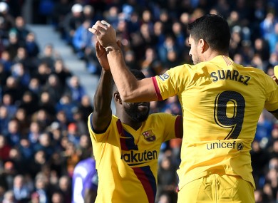 Barcelona striker Luis Suarez celebrates.