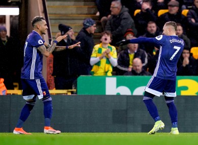 Watford's Gerard Deulofeu (right) celebrates his opening goal against Norwich.
