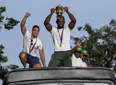 Captain Siya Kolisi holds up the Webb Ellis trophy earlier this week in Soweto.