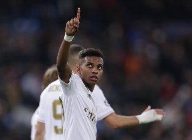 Rodrygo celebrates a goal.