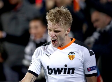 Valencia's Daniel Wass celebrates scoring.