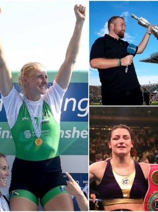 Left: Sanita Puspure celebrates back-to-back World Championships. Right (top): Shane Lowry brings the Claret Jug to Croke Park Right (bottom): Katie Taylor becomes the undisputed lightweight champion.