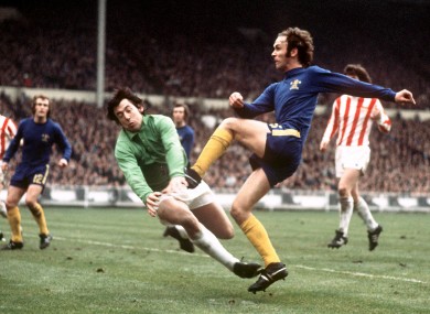 Chelsea's John Dempsey tries to squeeze a shot past Stoke goalkeeper Gordon Banks in 1972
