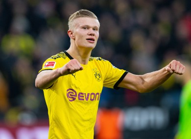 Erling Haaland celebrates his second goal against Union Berlin today.