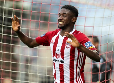 Junior Ogedi-Uzokwe celebrates one of his three goals against Cork City at Turner's Cross last season.